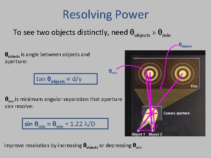 Resolving Power To see two objects distinctly, need qobjects » qmin qobjects is angle