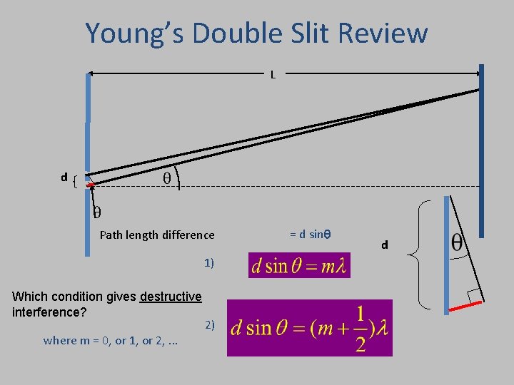 Young’s Double Slit Review L d Path length difference 1) Which condition gives destructive