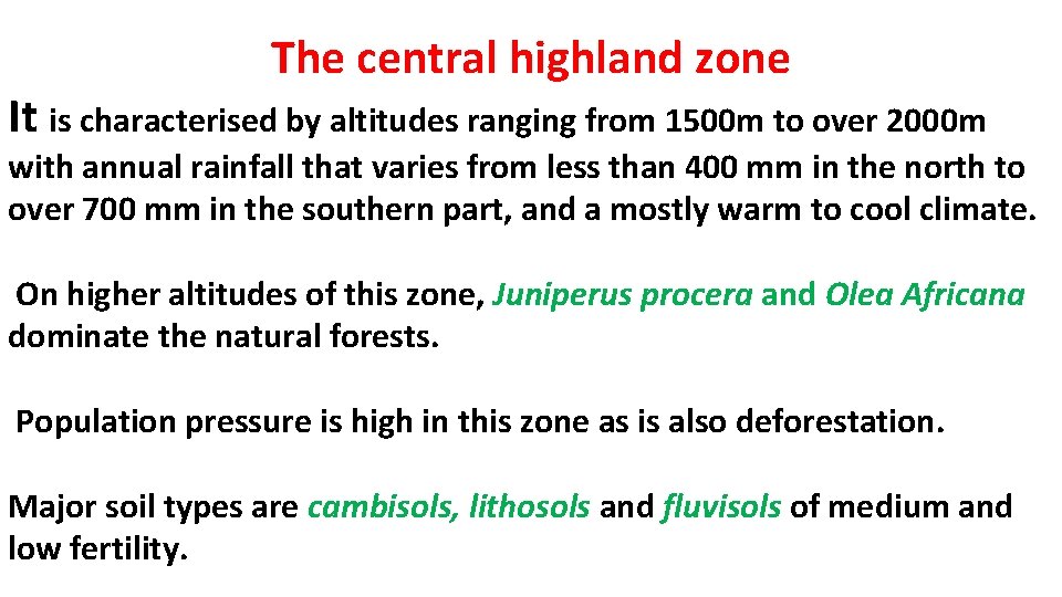 The central highland zone It is characterised by altitudes ranging from 1500 m to