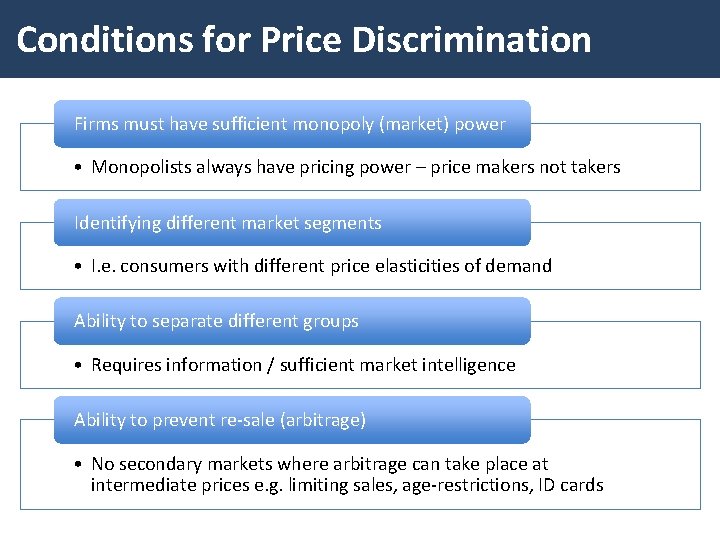 Conditions for Price Discrimination Firms must have sufficient monopoly (market) power • Monopolists always