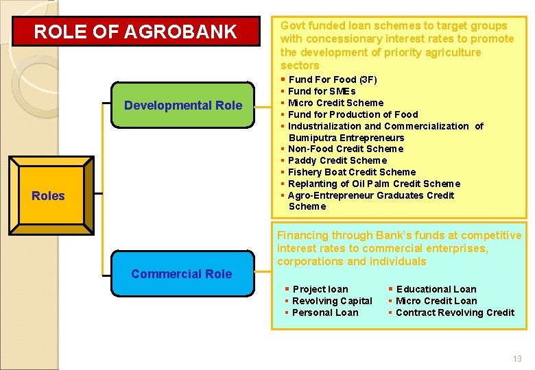 ROLE OF AGROBANK Developmental Roles Commercial Role Govt funded loan schemes to target groups