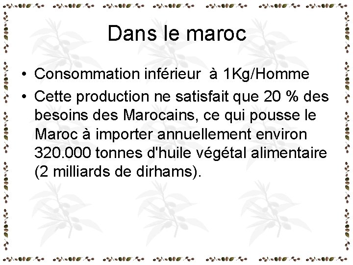 Dans le maroc • Consommation inférieur à 1 Kg/Homme • Cette production ne satisfait Dans le maroc • Consommation inférieur à 1 Kg/Homme • Cette production ne satisfait