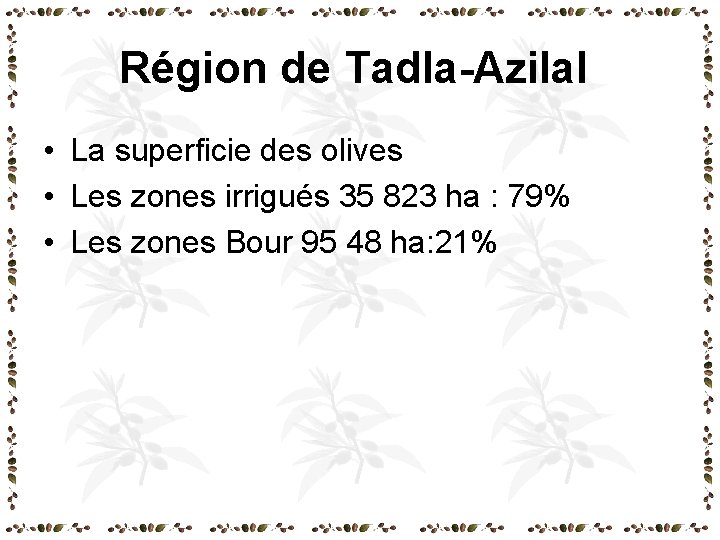 Région de Tadla-Azilal • La superficie des olives • Les zones irrigués 35 823 Région de Tadla-Azilal • La superficie des olives • Les zones irrigués 35 823