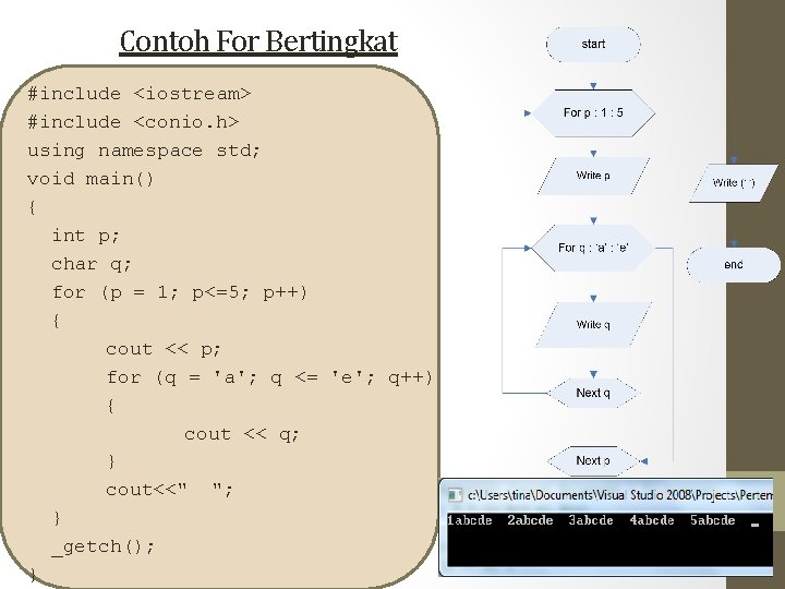 Contoh For Bertingkat #include <iostream> #include <conio. h> using namespace std; void main() { Contoh For Bertingkat #include <iostream> #include <conio. h> using namespace std; void main() {
