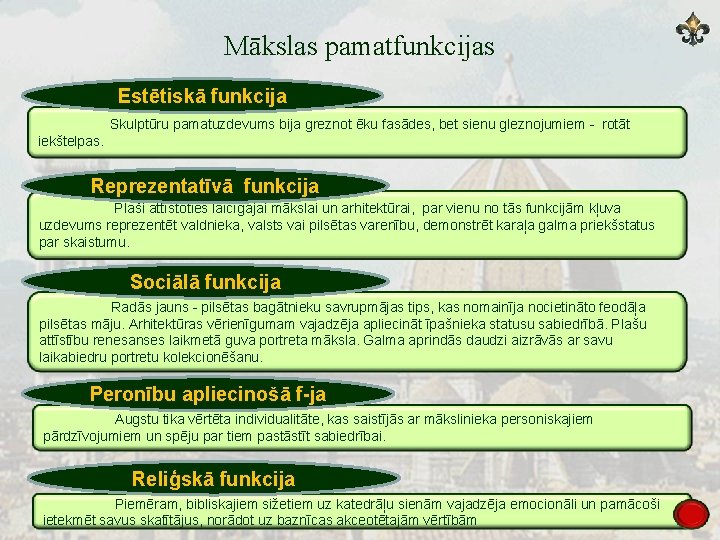 Mākslas pamatfunkcijas Estētiskā funkcija Skulptūru pamatuzdevums bija greznot ēku fasādes, bet sienu gleznojumiem -