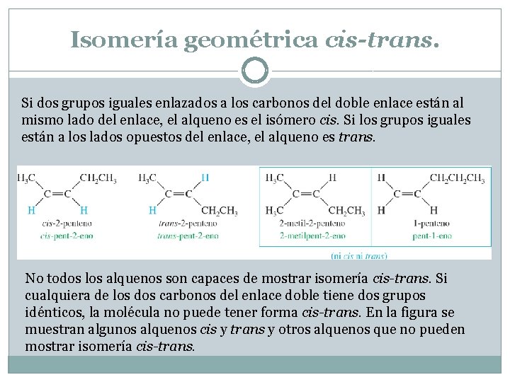 Isomería geométrica cis-trans. Si dos grupos iguales enlazados a los carbonos del doble enlace
