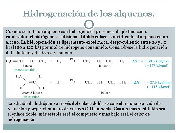 Hidrogenación de los alquenos. Cuando se trata un alqueno con hidrógeno en presencia de