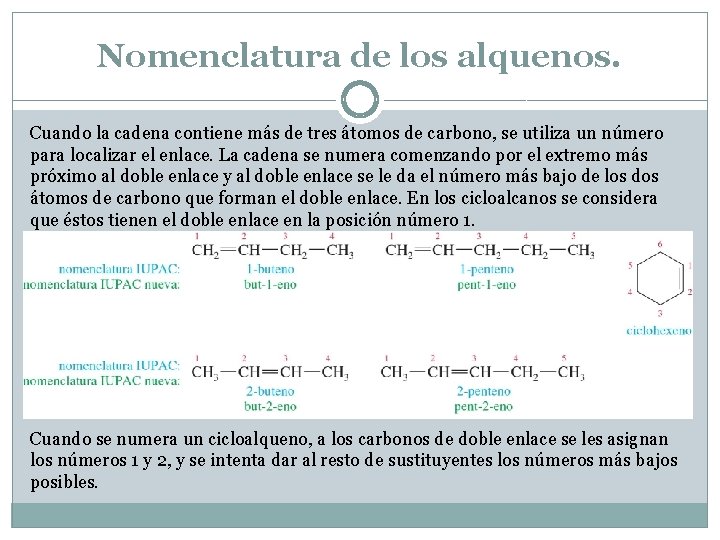 Nomenclatura de los alquenos. Cuando la cadena contiene más de tres átomos de carbono,