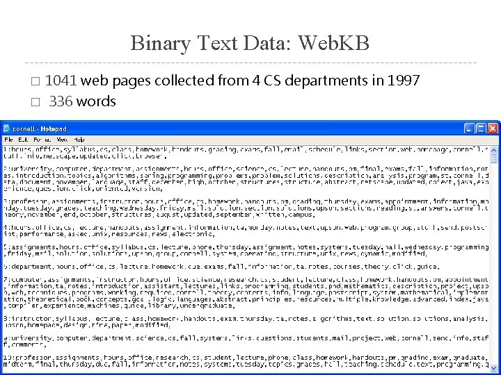 Binary Text Data: Web. KB 1041 web pages collected from 4 CS departments in