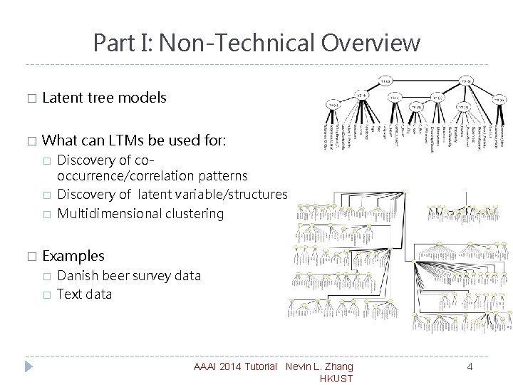 Part I: Non-Technical Overview � Latent tree models � What can LTMs be used