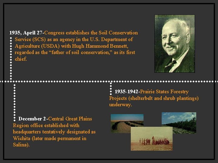 1935, April 27 -Congress establishes the Soil Conservation Service (SCS) as an agency in 1935, April 27 -Congress establishes the Soil Conservation Service (SCS) as an agency in