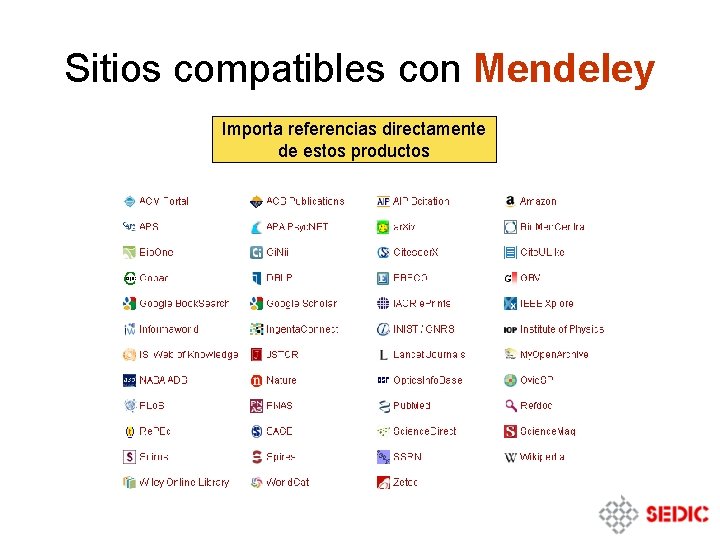Sitios compatibles con Mendeley Importa referencias directamente de estos productos 