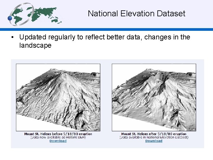 National Elevation Dataset • Updated regularly to reflect better data, changes in the landscape