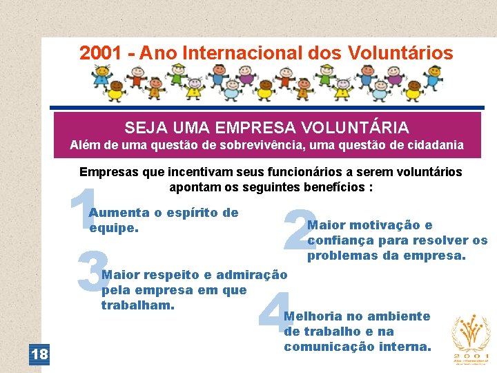 2001 - Ano Internacional dos Voluntários SEJA UMA EMPRESA VOLUNTÁRIA Além de uma questão