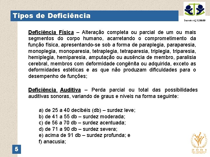 Tipos de Deficiência Decreto no 3. 298/99 Deficiência Física – Alteração completa ou parcial