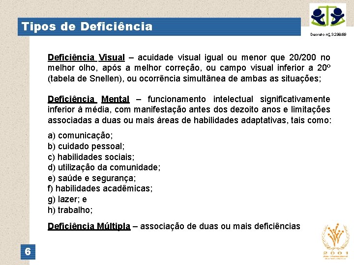 Tipos de Deficiência Decreto no 3. 298/99 Deficiência Visual – acuidade visual igual ou