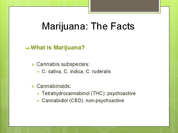 Marijuana: The Facts What is Marijuana? Ø Cannabis subspecies: § Ø C. sativa, Marijuana: The Facts What is Marijuana? Ø Cannabis subspecies: § Ø C. sativa,