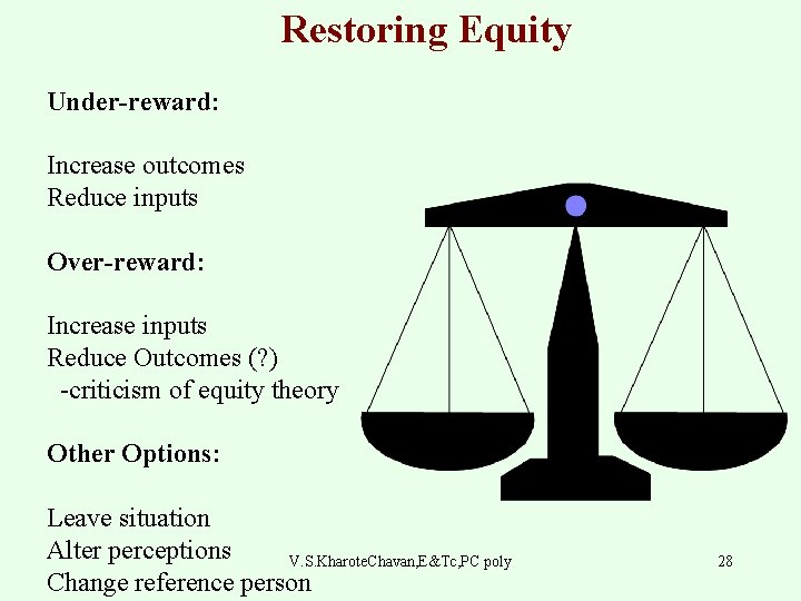 Restoring Equity Under-reward: Increase outcomes Reduce inputs Over-reward: Increase inputs Reduce Outcomes (? )