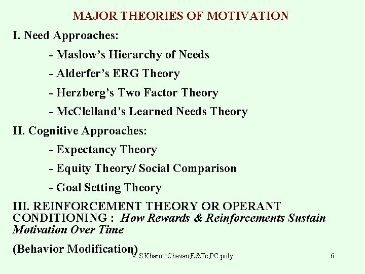 MAJOR THEORIES OF MOTIVATION I. Need Approaches: - Maslow’s Hierarchy of Needs - Alderfer’s