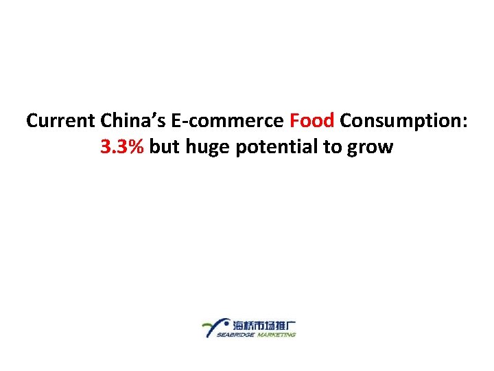 Current China’s E-commerce Food Consumption: 3. 3% but huge potential to grow 