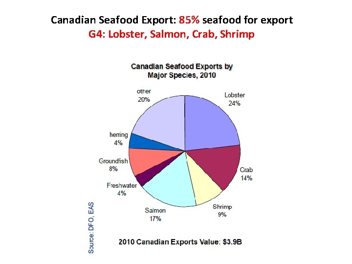 Canadian Seafood Export: 85% seafood for export G 4: Lobster, Salmon, Crab, Shrimp 