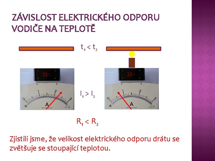 ZÁVISLOST ELEKTRICKÉHO ODPORU VODIČE NA TEPLOTĚ t 1 < t 2 I 1 > ZÁVISLOST ELEKTRICKÉHO ODPORU VODIČE NA TEPLOTĚ t 1 < t 2 I 1 >