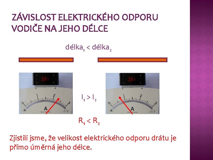 ZÁVISLOST ELEKTRICKÉHO ODPORU VODIČE NA JEHO DÉLCE délka 1 < délka 2 I 1 ZÁVISLOST ELEKTRICKÉHO ODPORU VODIČE NA JEHO DÉLCE délka 1 < délka 2 I 1