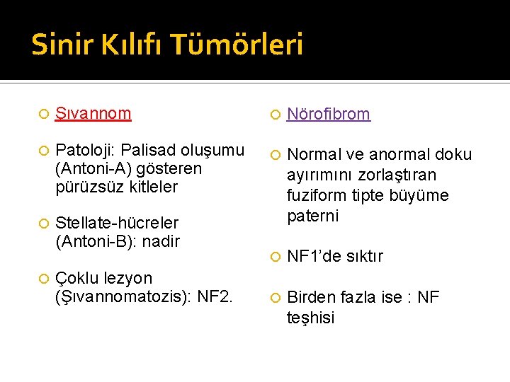 Sinir Kılıfı Tümörleri Şıvannom Patoloji: Palisad oluşumu (Antoni-A) gösteren pürüzsüz kitleler Stellate-hücreler (Antoni-B): nadir