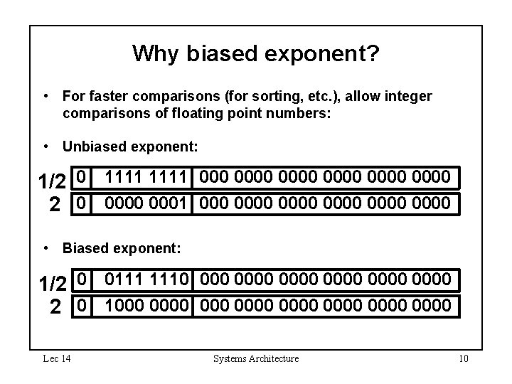 Why biased exponent? • For faster comparisons (for sorting, etc. ), allow integer comparisons