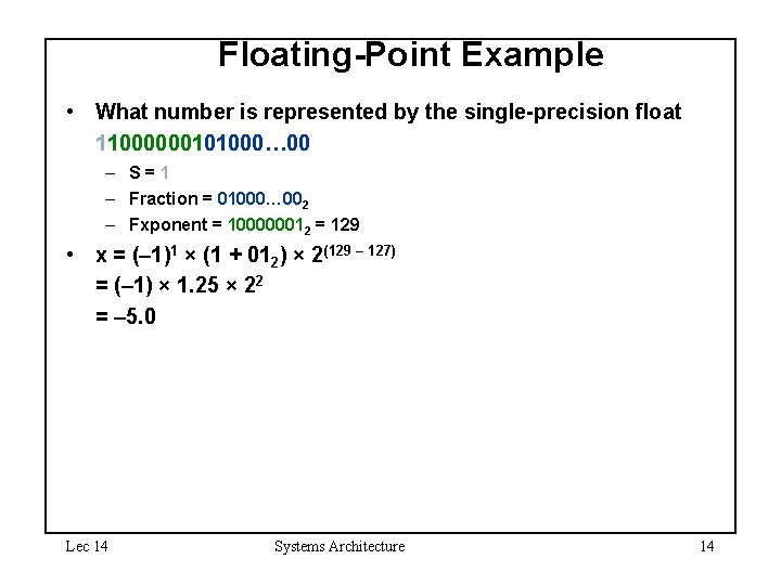 Floating-Point Example • What number is represented by the single-precision float 11000000101000… 00 –