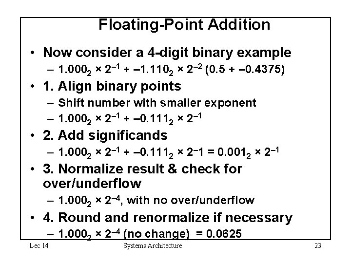 Floating-Point Addition • Now consider a 4 -digit binary example – 1. 0002 ×