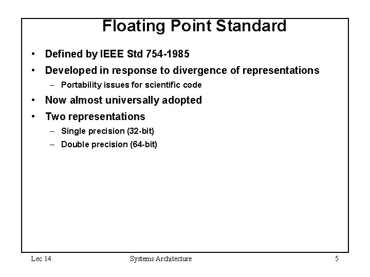 Floating Point Standard • Defined by IEEE Std 754 -1985 • Developed in response