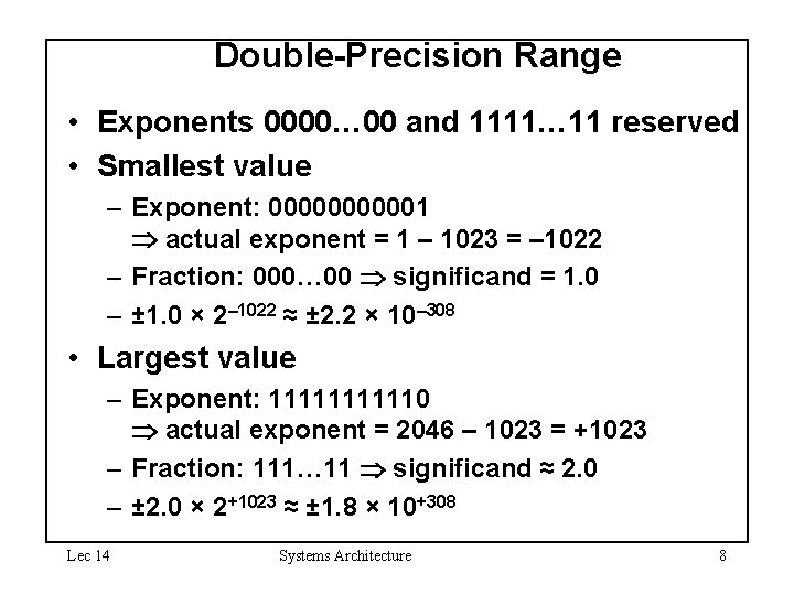 Double-Precision Range • Exponents 0000… 00 and 1111… 11 reserved • Smallest value –