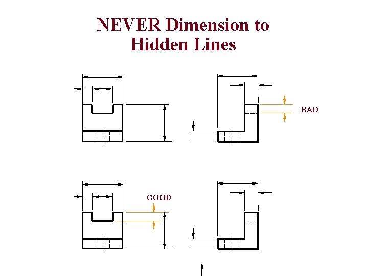 NEVER Dimension to Hidden Lines BAD GOOD 