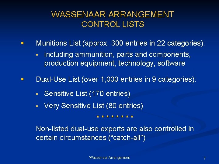 WASSENAAR ARRANGEMENT CONTROL LISTS § Munitions List (approx. 300 entries in 22 categories): §