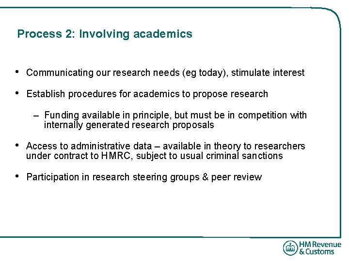 Process 2: Involving academics • Communicating our research needs (eg today), stimulate interest •