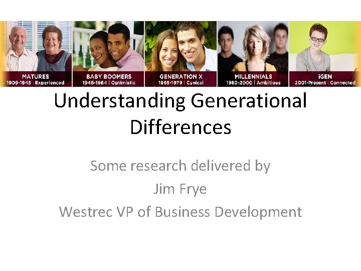 Understanding Generational Differences Some research delivered by Jim Frye Westrec VP of Business Development