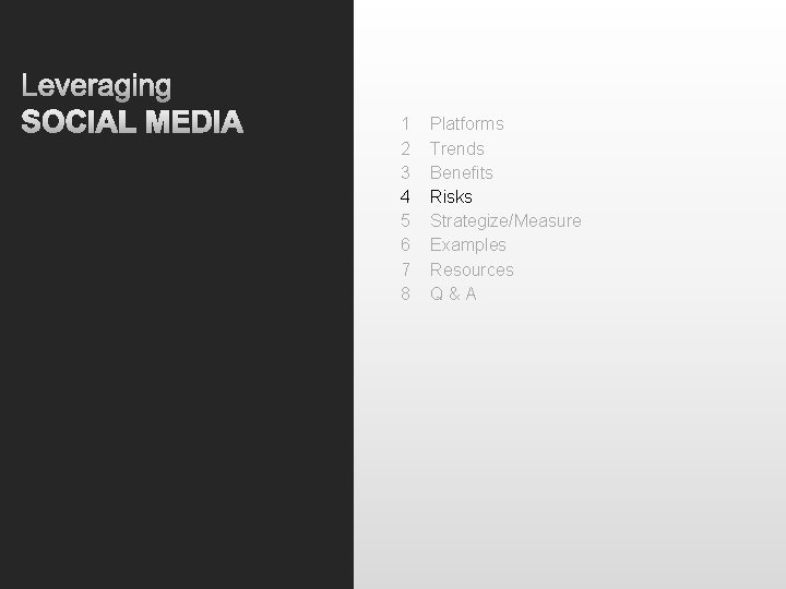 Leveraging SOCIAL MEDIA 1 2 3 4 5 6 7 8 Platforms Trends Benefits