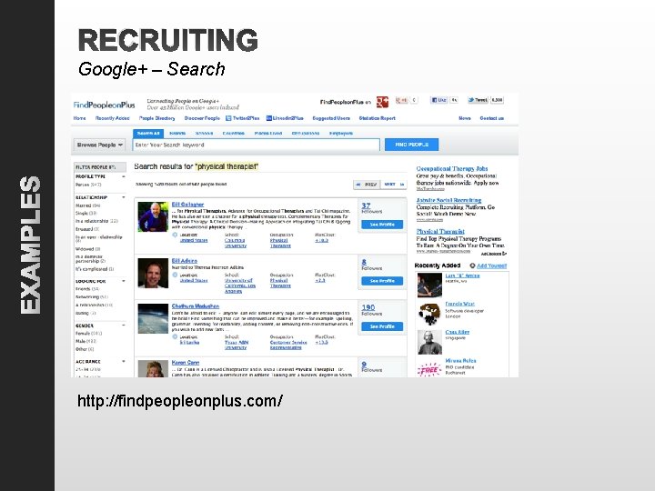 RECRUITING EXAMPLES Google+ – Search http: //findpeopleonplus. com/ 