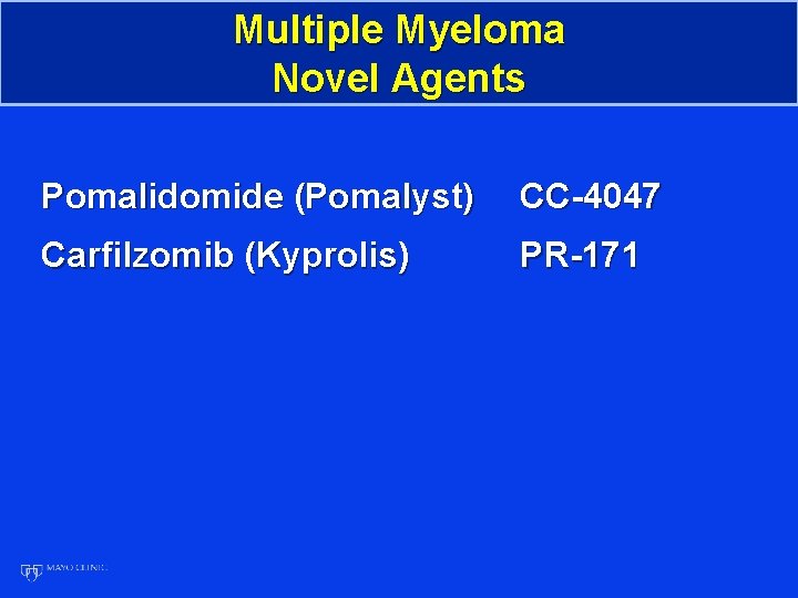 Multiple Myeloma Novel Agents Pomalidomide (Pomalyst) CC-4047 Carfilzomib (Kyprolis) PR-171 