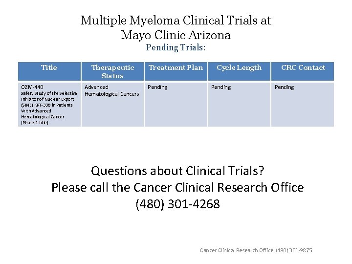 Multiple Myeloma Clinical Trials at Mayo Clinic Arizona Pending Trials: Title OZM-440 Safety Study