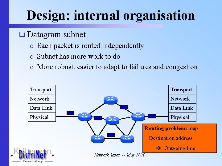 Design: internal organisation q Datagram subnet o Each packet is routed independently o Subnet