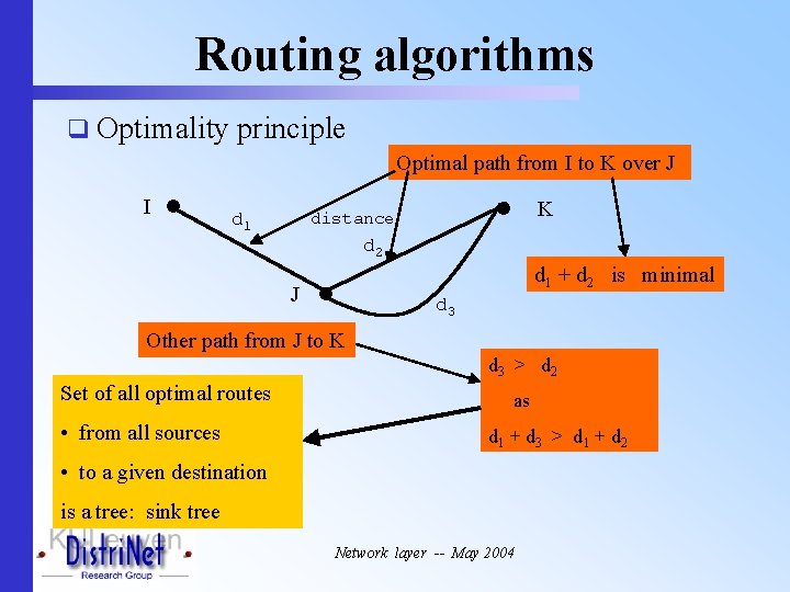 Routing algorithms q Optimality principle Optimal path from I to K over J I