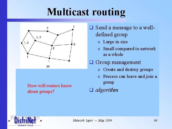 Multicast routing q Send a message to a well- defined group o Large in
