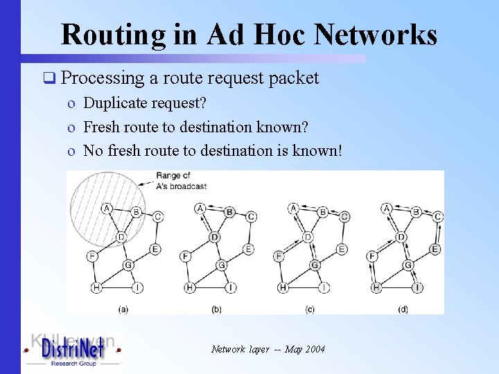 Routing in Ad Hoc Networks q Processing a route request packet o Duplicate request?