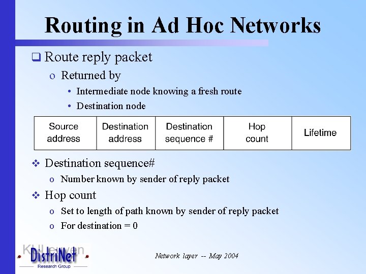 Routing in Ad Hoc Networks q Route reply packet o Returned by • Intermediate