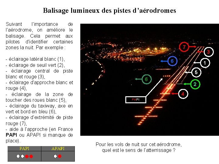 Balisage lumineux des pistes d’aérodromes Suivant l’importance de l’aérodrome, on améliore le balisage. Cela