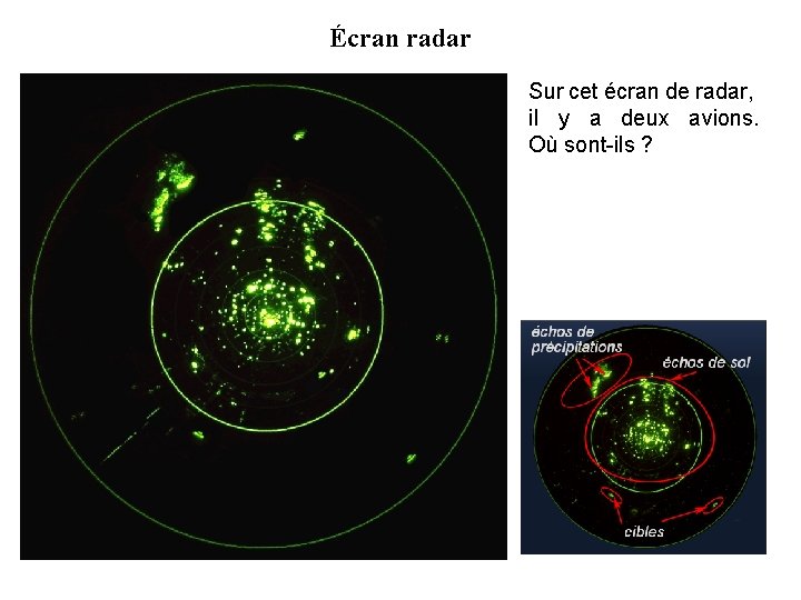 Écran radar Sur cet écran de radar, il y a deux avions. Où sont-ils