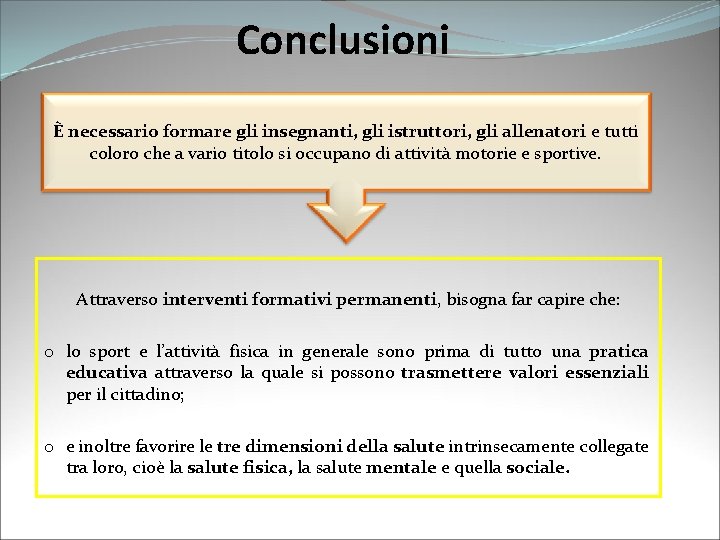 Conclusioni È necessario formare gli insegnanti, gli istruttori, gli allenatori e tutti coloro che