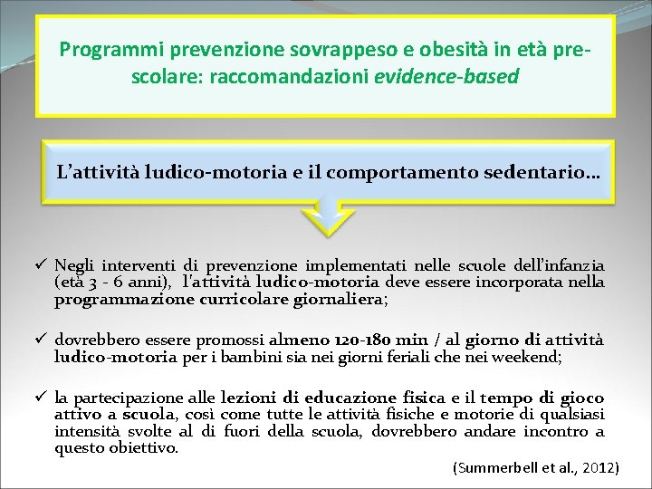 Programmi prevenzione sovrappeso e obesità in età prescolare: raccomandazioni evidence-based L’attività ludico-motoria e il